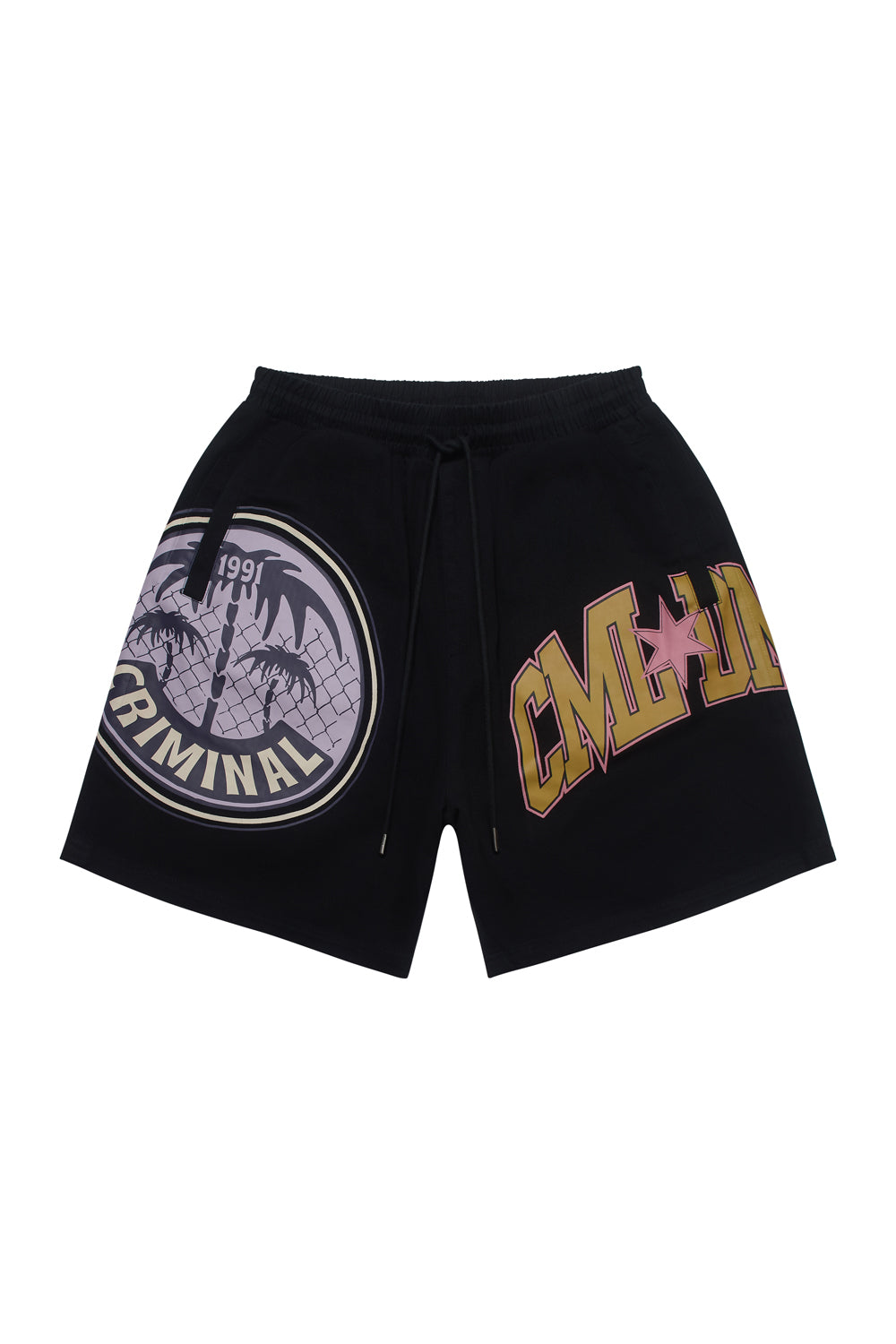 Criminal Damage shorts with large branding text 