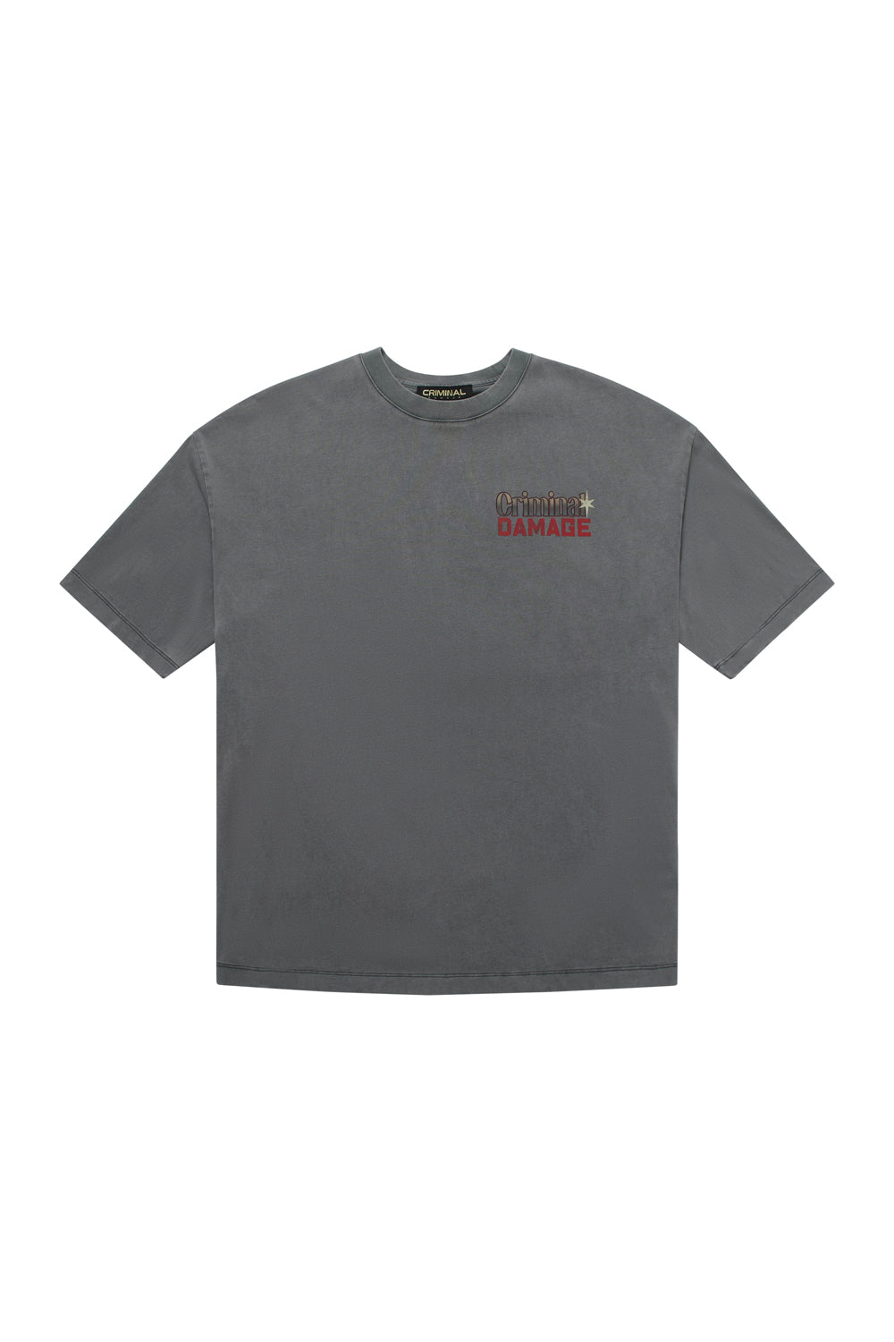 Criminal Damage t-shirt with branding on white background