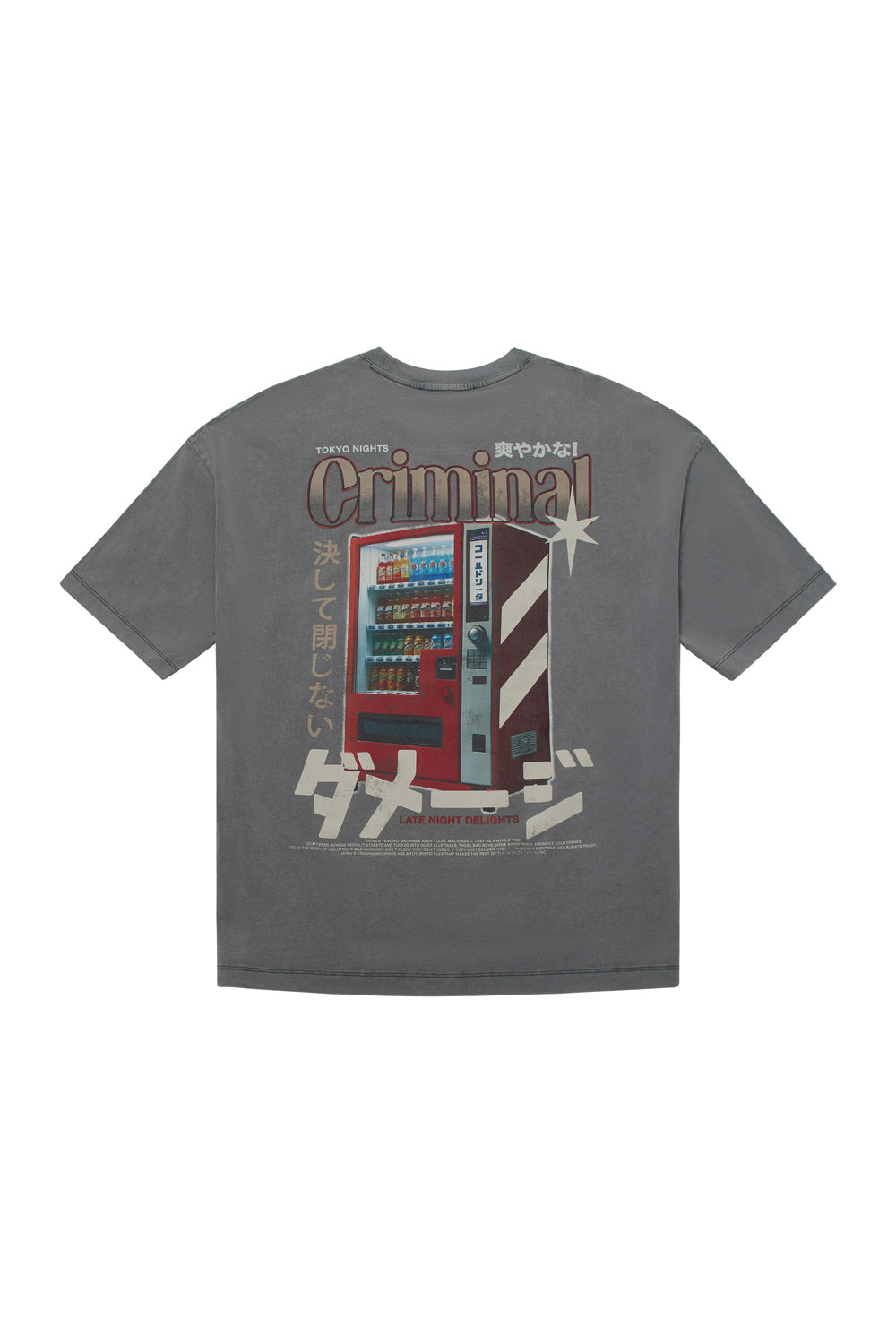 Criminal Damage t-shirt with vending machine graphic on white background 