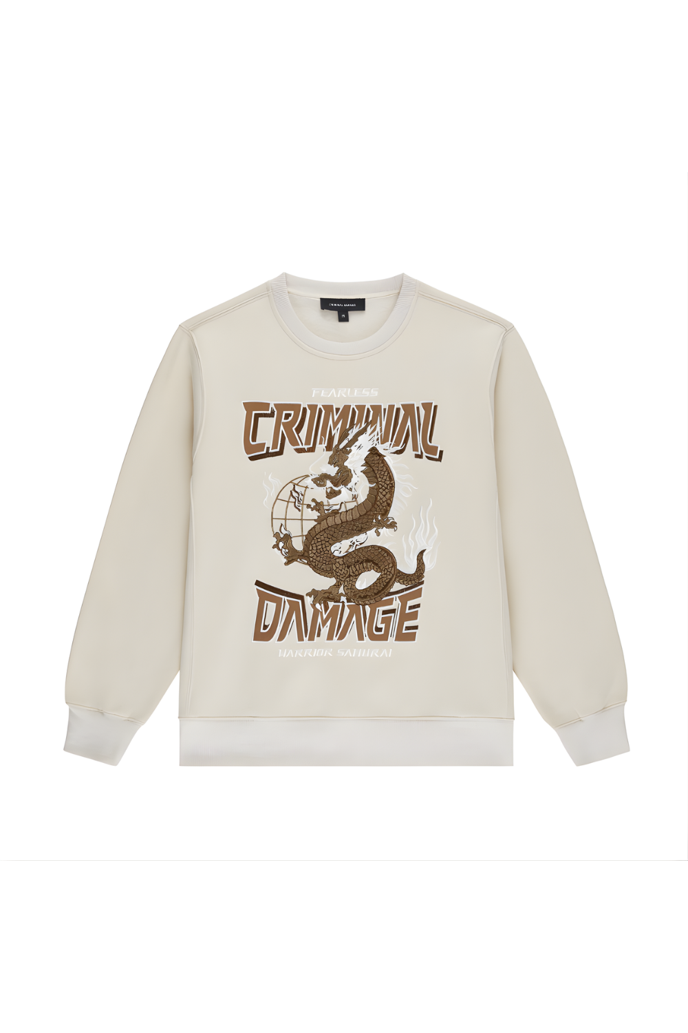 Beige sweatshirt with graphic design and text on a white background