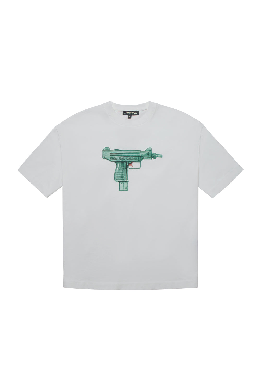 Criminal Damage t-shirt with water gun graphic on white background