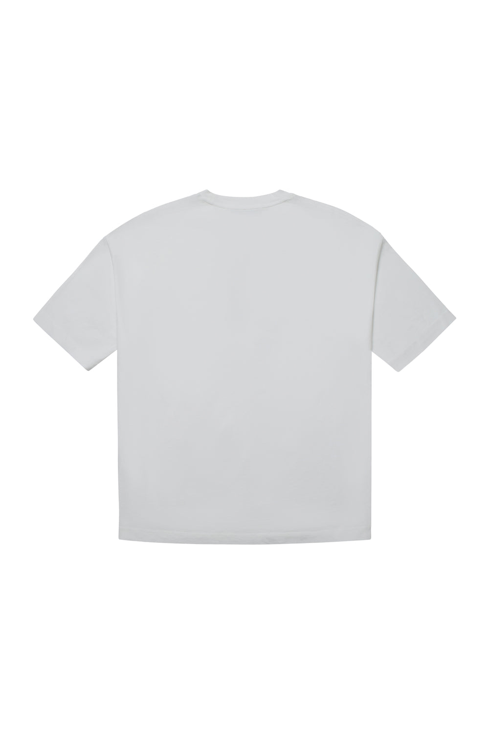 Back of white Criminal Damage t-shirt on white background