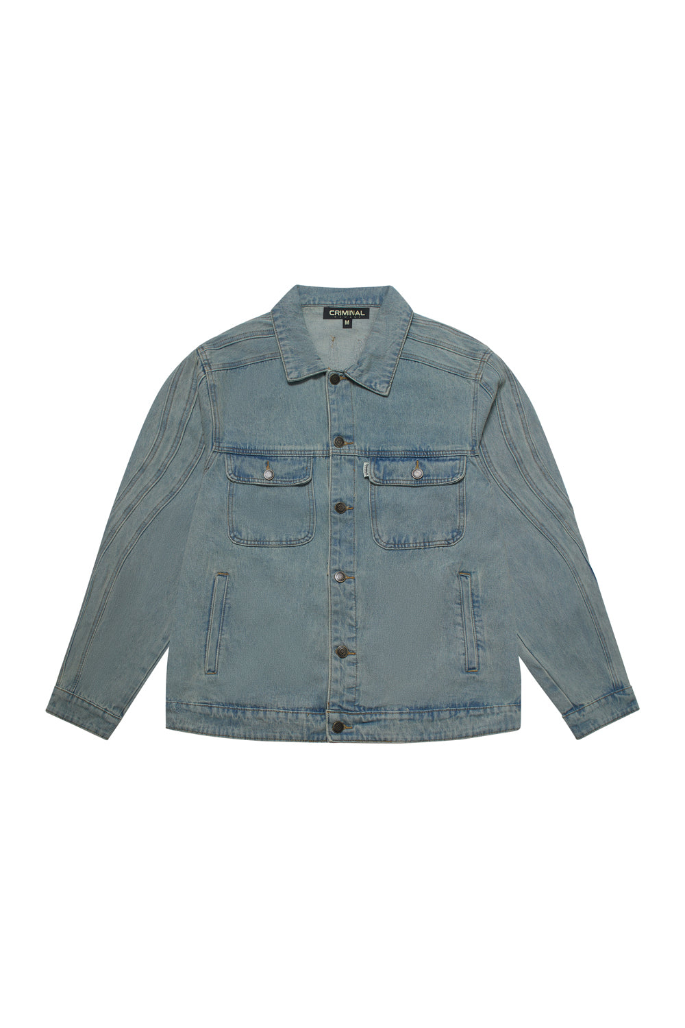 Criminal Damage denim jacket on white background 