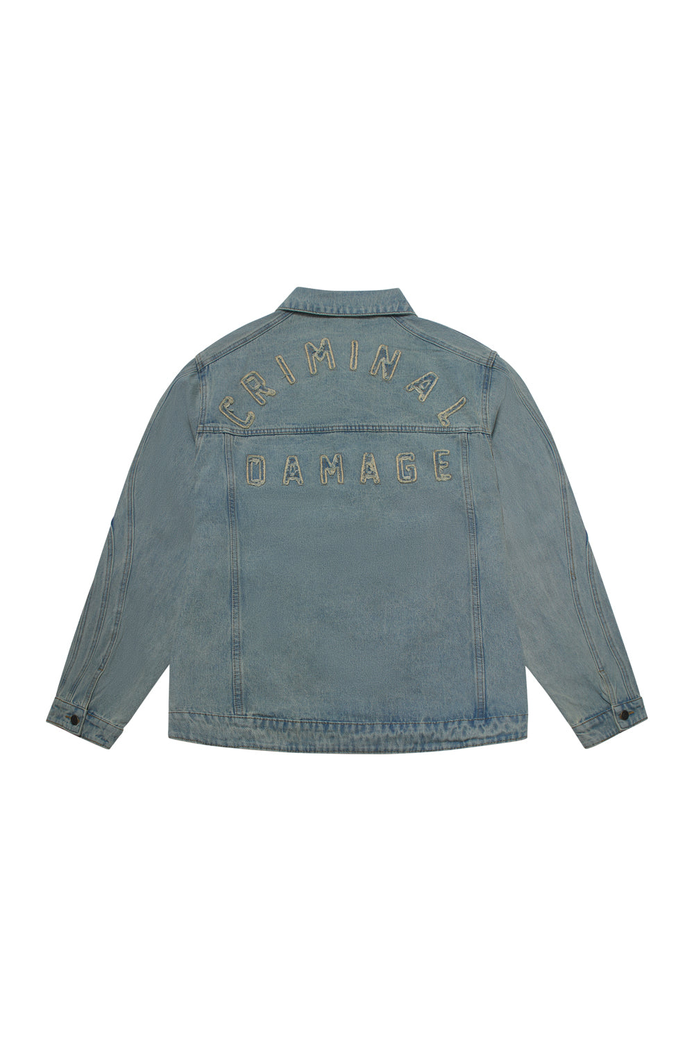 Criminal Damage denim jacket on white background 