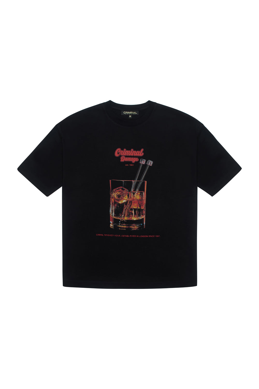 Criminal Damage t-shirt with whisky graphic on white background