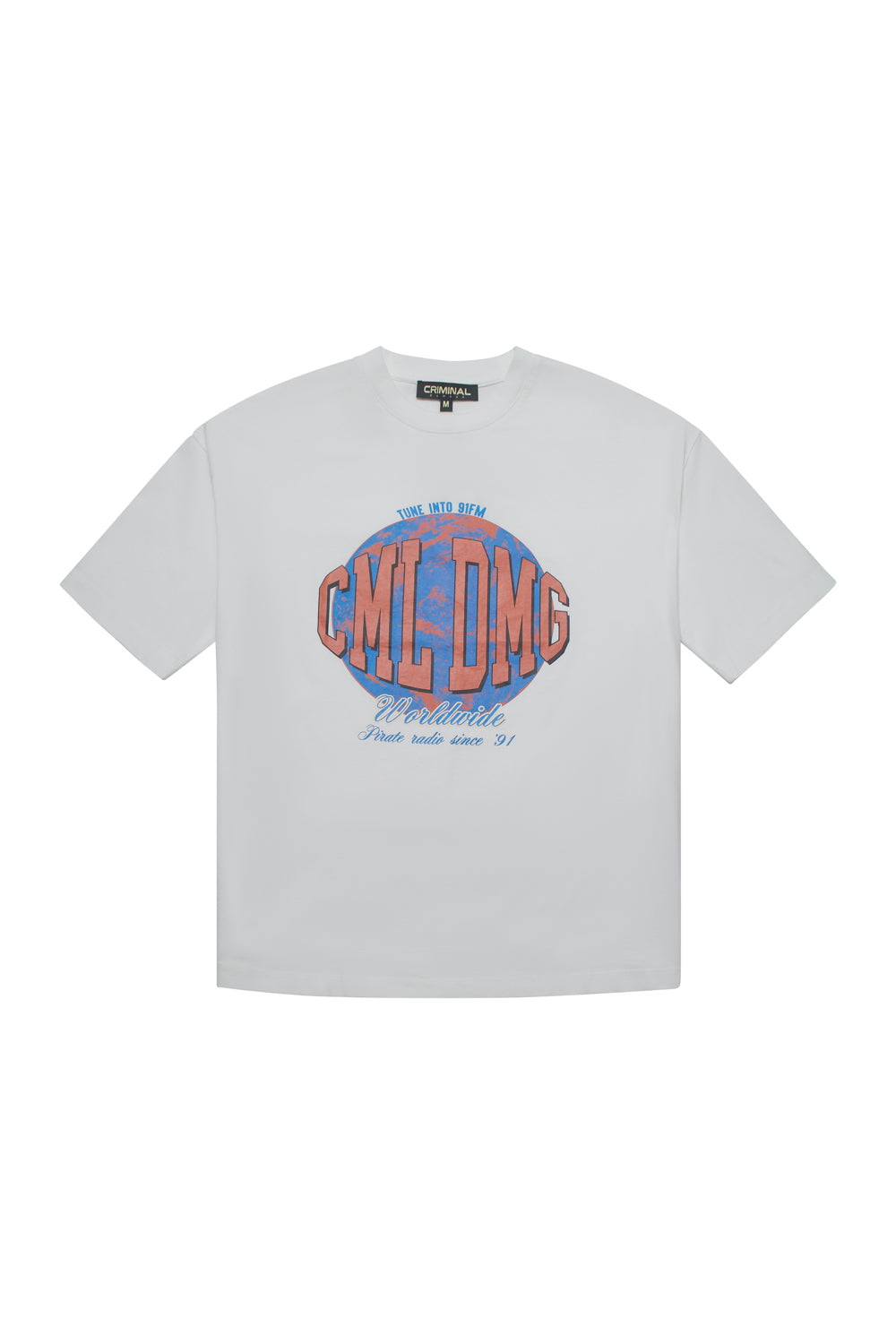 Criminal Damage shirt with large print on white background